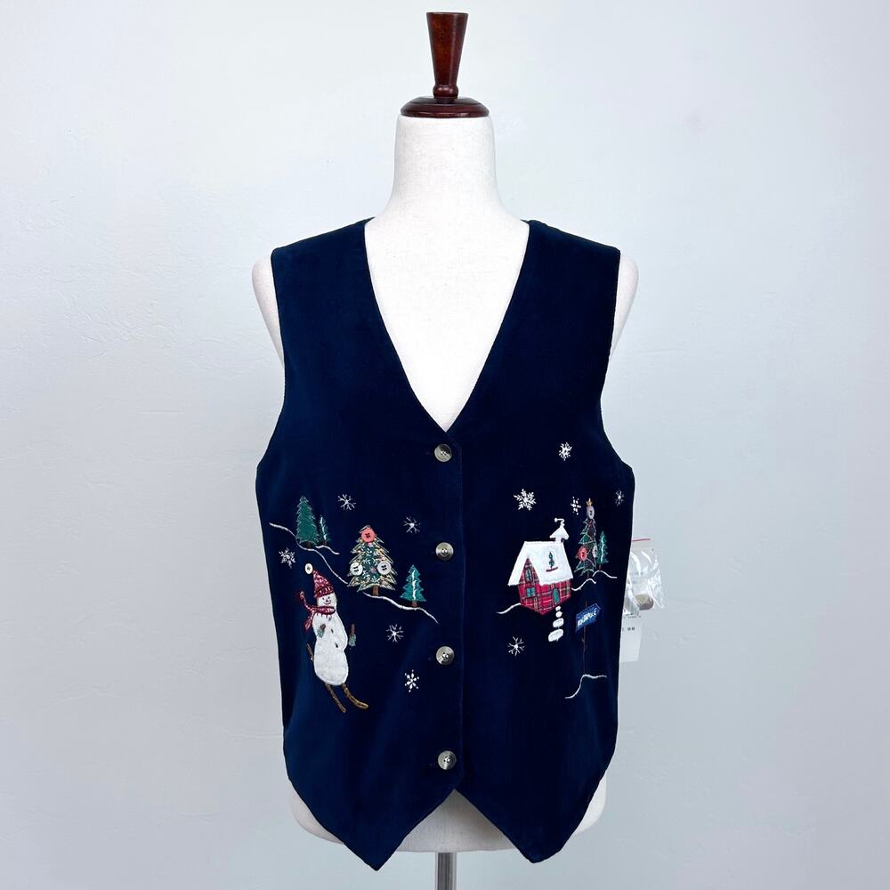 Vintage 90s MEDIUM Navy Velvet Christmas Scene Holiday Plaid Sleeveless Vest NWT